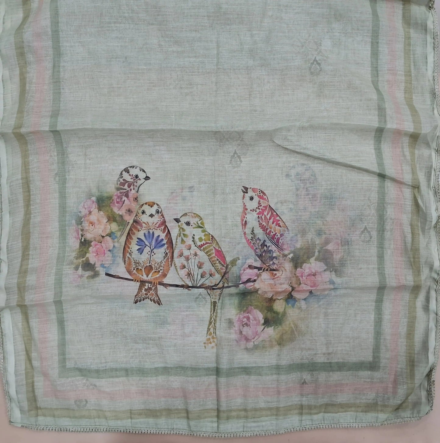 Pastel green semi linen unstitched salwar material, bird printed with sugar bead and cut bead work on yoke, floral and bead work on daman,(lining needed)spun cotton bottom, digital printed semi linen dupatta with lace tapping. JL263109