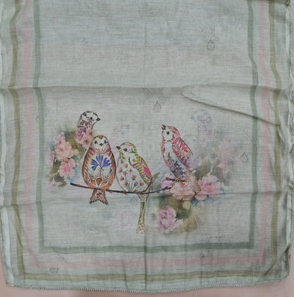 Pastel green semi linen unstitched salwar material, bird printed with sugar bead and cut bead work on yoke, floral and bead work on daman,(lining needed)spun cotton bottom, digital printed semi linen dupatta with lace tapping. JL263109