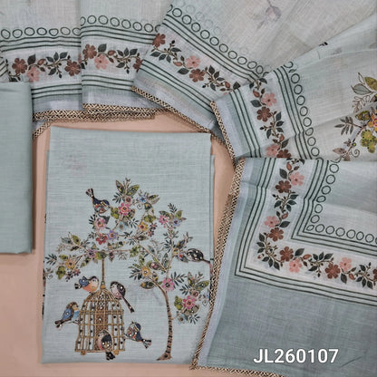 Pastel blue semi linen unstitched salwar material,printed all over,colorful digital printed with zarodzi and sequins on yoke,(lining needed)drum dyed cotton bottom,digital printed semi linen dupatta with lace tapping. AG260107