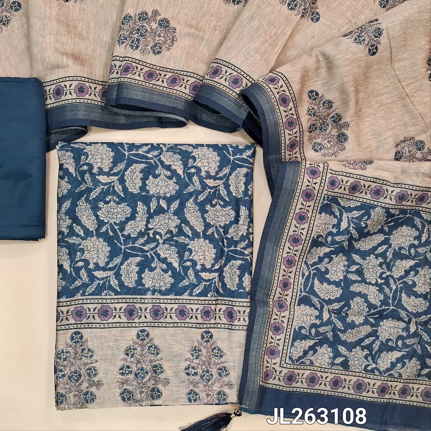 Blue digital printed slub silk cotton unstitched salwar material, ( lining needed) silky bottom, digital printed full length slub silk cotton dupatta with pallu. JL263108
