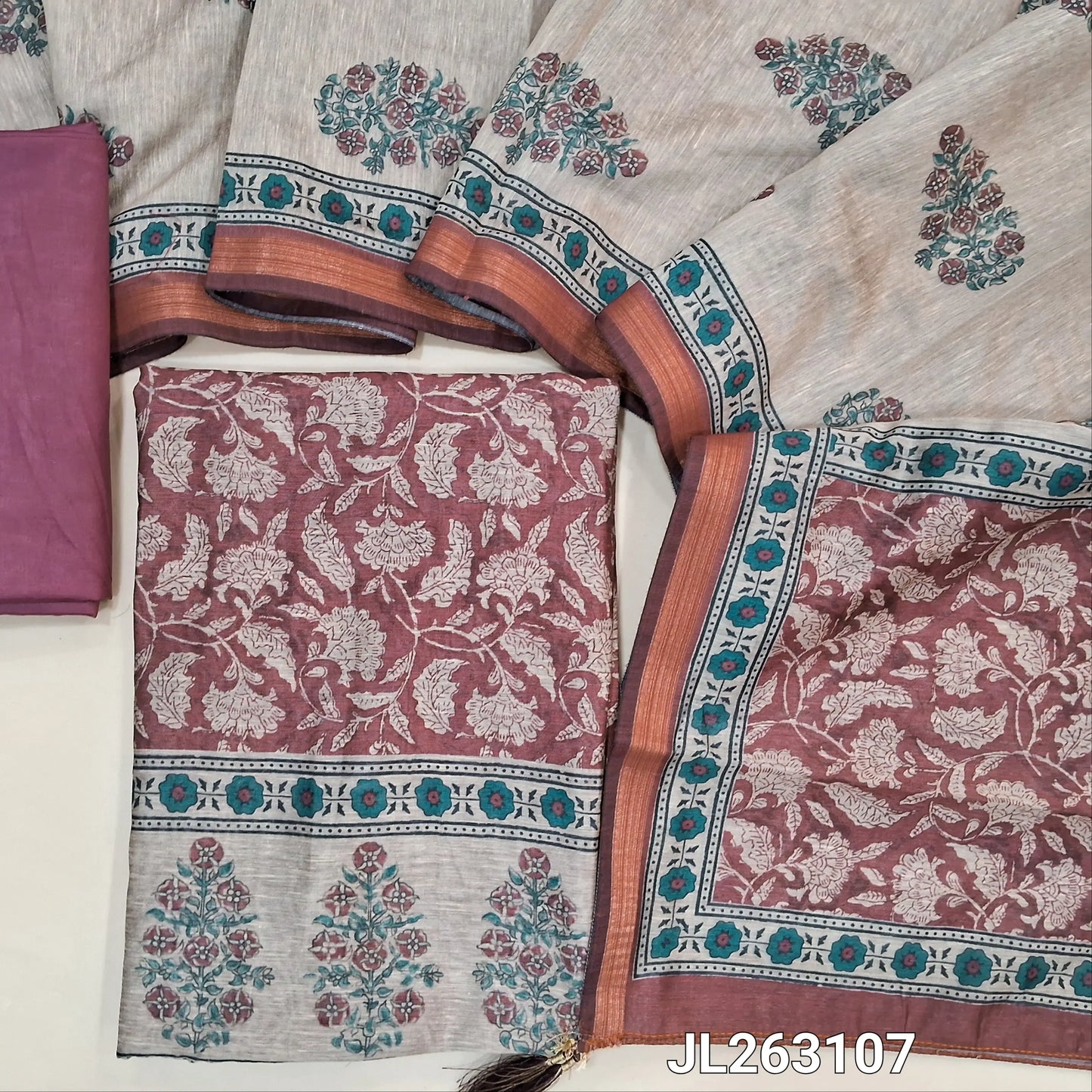 Onion pink digital printed slub silk cotton unstitched salwar material, ( lining needed) silky bottom, digital printed full length slub silk cotton dupatta with pallu. JL263107