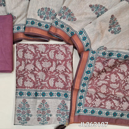 Onion pink digital printed slub silk cotton unstitched salwar material, ( lining needed) silky bottom, digital printed full length slub silk cotton dupatta with pallu. JL263107