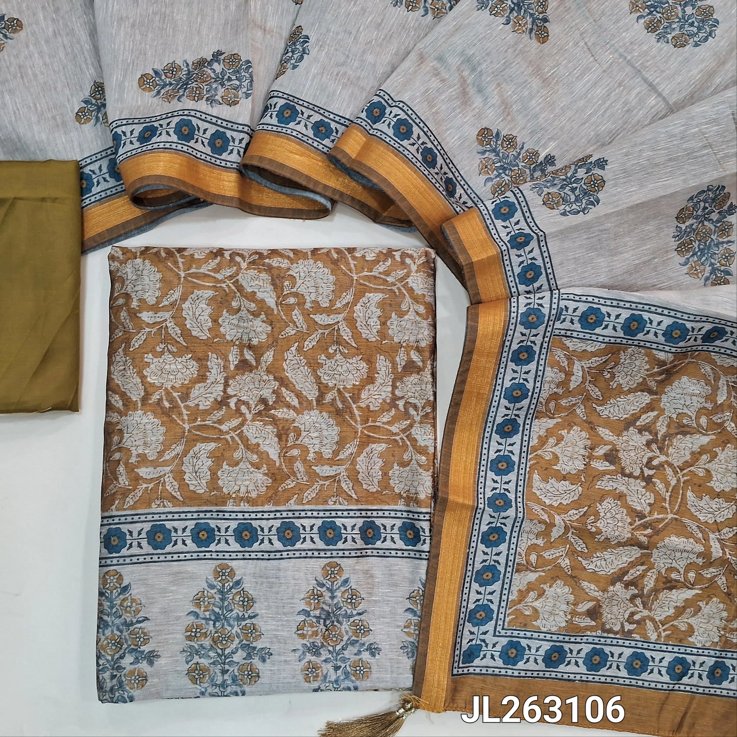Mehandhi yellow digital printed slub silk cotton unstitched salwar material, ( lining needed) silky bottom, digital printed full length slub silk cotton dupatta with pallu. JL263106