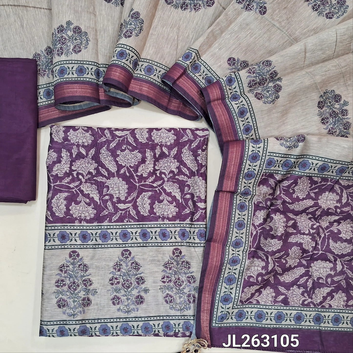 Beetroot purple digital printed slub silk cotton unstitched salwar material, ( lining needed) silky bottom, digital printed full length slub silk cotton dupatta with pallu. JL263105