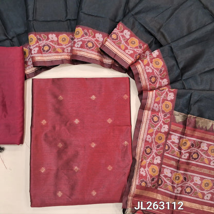 Dark maroon premium silk unstitched salwar material (light weight,lining needed)zari buttas front,gold tissue border on daman,matching santoon bottom,dual shade thread weaving on silk dupatta with rich pallu & tassles.JL263112