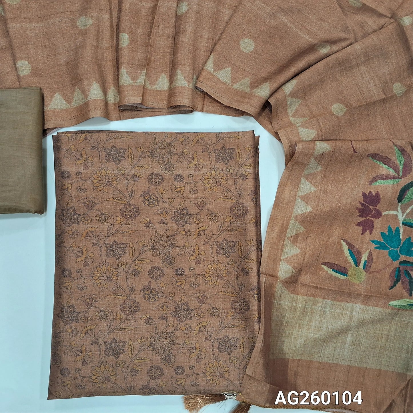 Dark peach floral printed viscous Silk unstitched salwar material,(shiny,Lining Needed)silky bottom,digital printed viscous silk dupatta with pallu. AG260104
