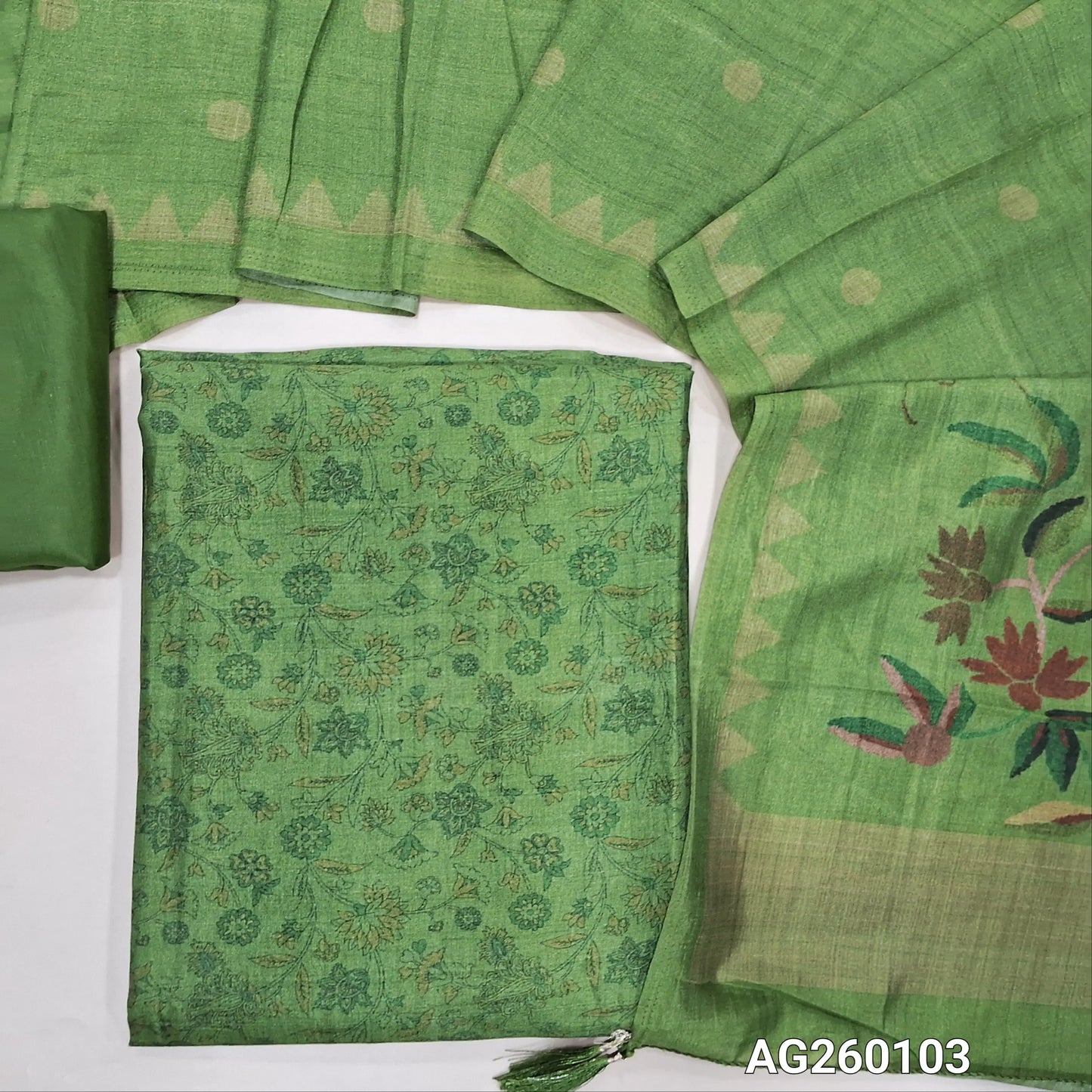 Leafy green floral printed viscous Silk unstitched salwar material,(shiny,Lining Needed)silky bottom,digital printed viscous silk dupatta with pallu. AG260103