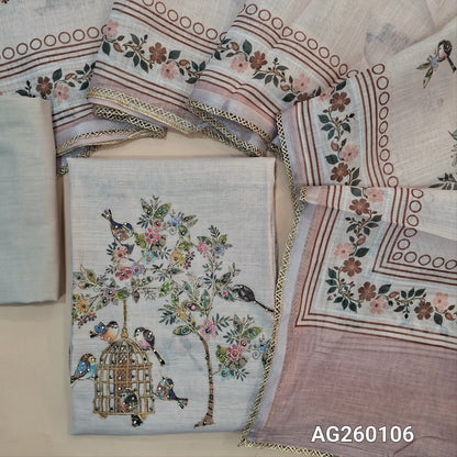 Light beige semi linen unstitched salwar material,printed all over,colorful digital printed with zarodzi and sequins on yoke,(lining needed)drum dyed cotton bottom,digital printed semi linen dupatta with lace tapping. AG260106