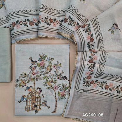 Light grey semi linen unstitched salwar material,printed all over,colorful digital printed with zarodzi and sequins on yoke,(lining needed)drum dyed cotton bottom,digital printed semi linen dupatta with lace tapping. AG260108