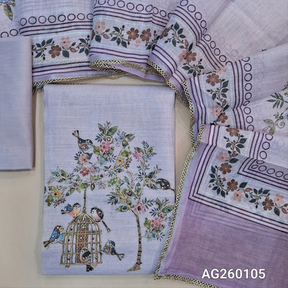 Light lavender semi linen unstitched salwar material,printed all over,colorful digital printed with zarodzi and sequins on yoke,(lining needed)drum dyed cotton bottom,digital printed semi linen dupatta with lace tapping. AG260105