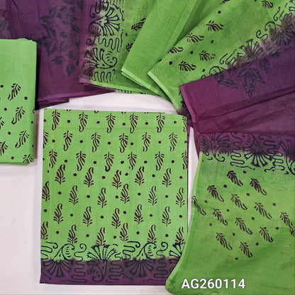 Green& beetroot purple block printed cotton unstitched salwar material,lining optional)block printed cotton bottom, block printed dual shaded cotton dupatta (TAPPING NEEDED). AG260114