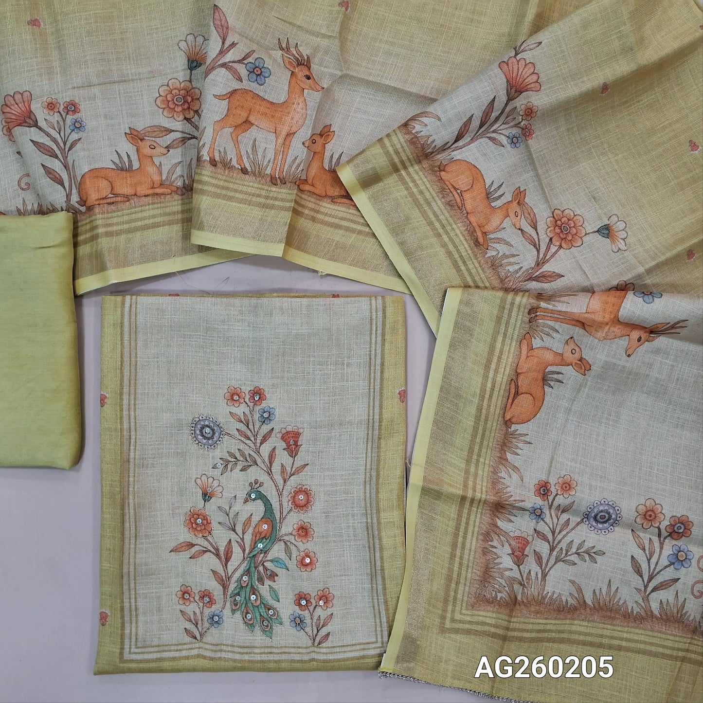 Pastel yellow tissue silk cotton unstitched salwar material,printed yoke with zari work,digital printed daman,(Lining needed)santoon bottom,digital printed tissue silk cotton dupatta. AG260205