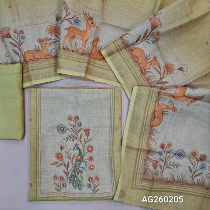 Pastel yellow tissue silk cotton unstitched salwar material,printed yoke with zari work,digital printed daman,(Lining needed)santoon bottom,digital printed tissue silk cotton dupatta. AG260205