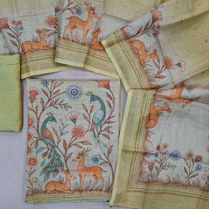 Pastel yellow tissue silk cotton unstitched salwar material,printed yoke with zari work,digital printed daman,(Lining needed)santoon bottom,digital printed tissue silk cotton dupatta. AG260205