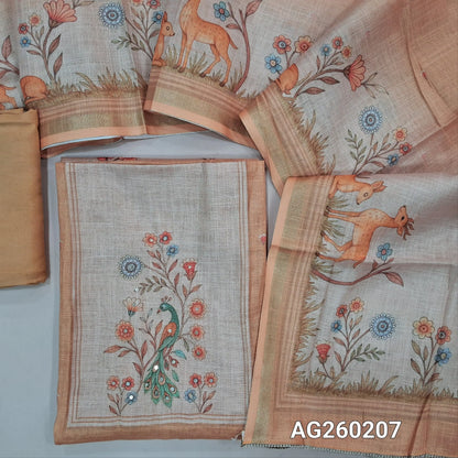 Peach tissue silk cotton unstitched salwar material,printed yoke with zari work,digital printed daman,(Lining needed)santoon bottom,digital printed tissue silk cotton dupatta. AG260207