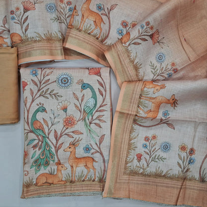 Peach tissue silk cotton unstitched salwar material,printed yoke with zari work,digital printed daman,(Lining needed)santoon bottom,digital printed tissue silk cotton dupatta. AG260207