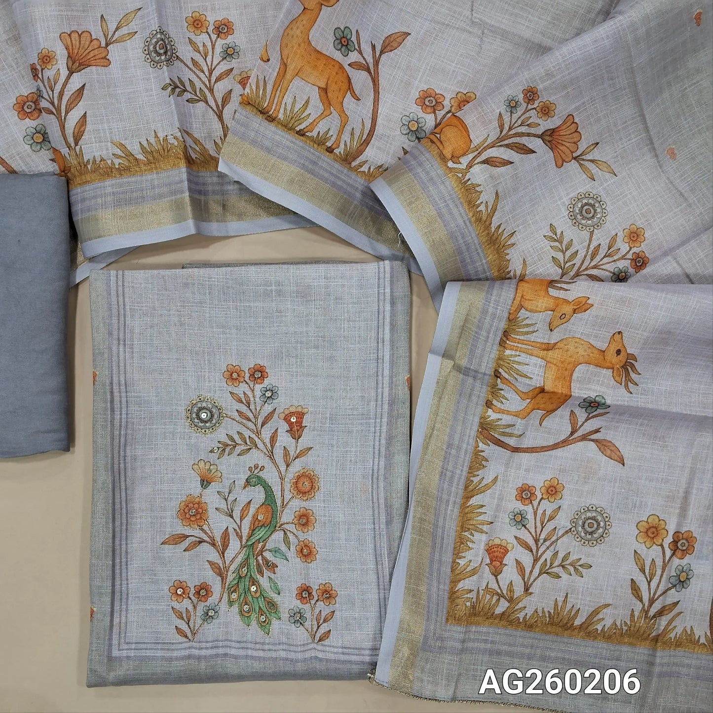 Lavender tissue silk cotton unstitched salwar material,printed yoke with zari work,digital printed daman,(Lining needed)santoon bottom,digital printed tissue silk cotton dupatta. AG260206