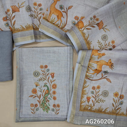 Lavender tissue silk cotton unstitched salwar material,printed yoke with zari work,digital printed daman,(Lining needed)santoon bottom,digital printed tissue silk cotton dupatta. AG260206