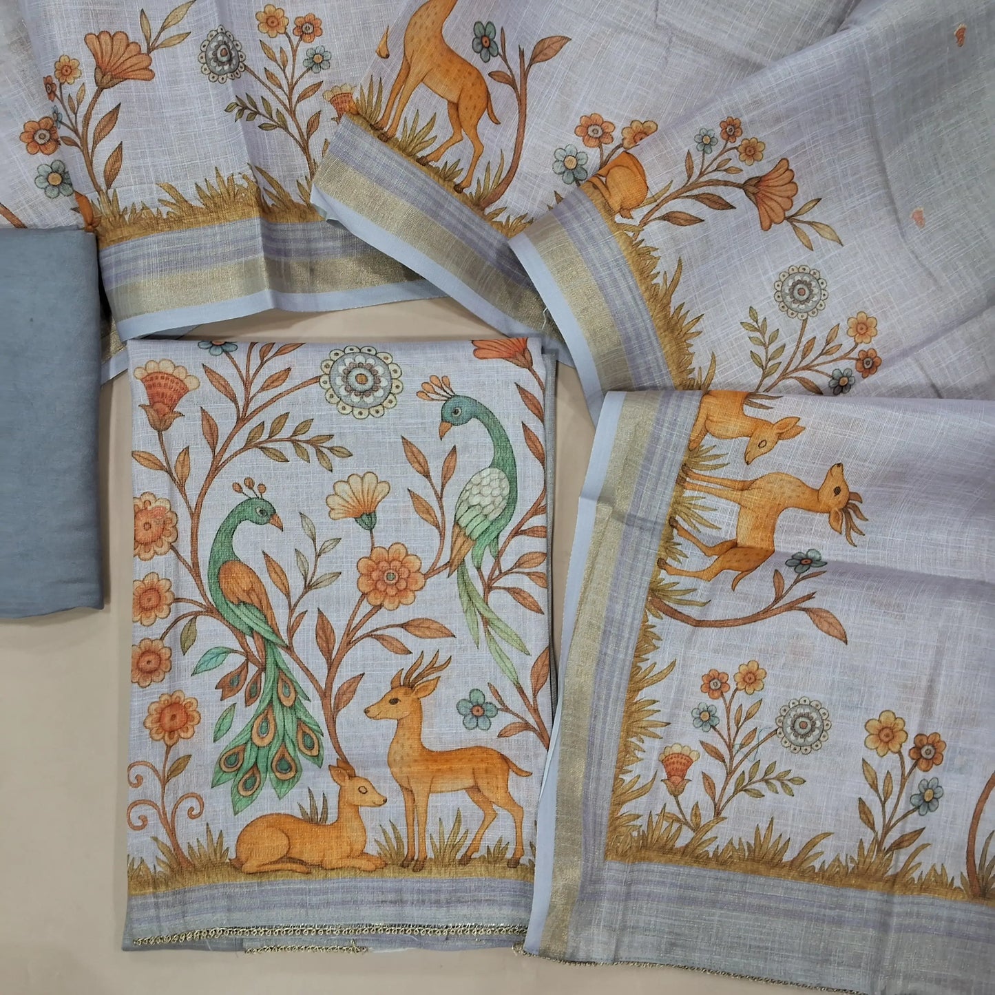 Lavender tissue silk cotton unstitched salwar material,printed yoke with zari work,digital printed daman,(Lining needed)santoon bottom,digital printed tissue silk cotton dupatta. AG260206