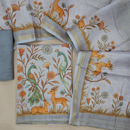 Lavender tissue silk cotton unstitched salwar material,printed yoke with zari work,digital printed daman,(Lining needed)santoon bottom,digital printed tissue silk cotton dupatta. AG260206
