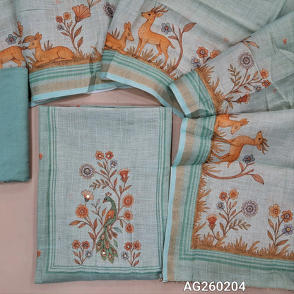 Pastel blue tissue silk cotton unstitched salwar material,printed yoke with zari work,digital printed daman,(Lining needed)santoon bottom,digital printed tissue silk cotton dupatta. AG260204