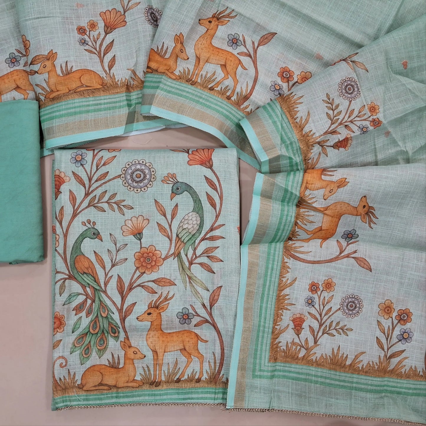 Pastel blue tissue silk cotton unstitched salwar material,printed yoke with zari work,digital printed daman,(Lining needed)santoon bottom,digital printed tissue silk cotton dupatta. AG260204
