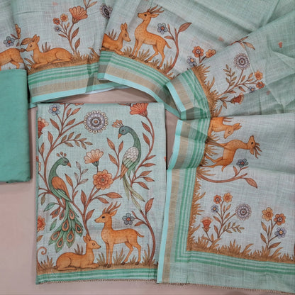 Pastel blue tissue silk cotton unstitched salwar material,printed yoke with zari work,digital printed daman,(Lining needed)santoon bottom,digital printed tissue silk cotton dupatta. AG260204