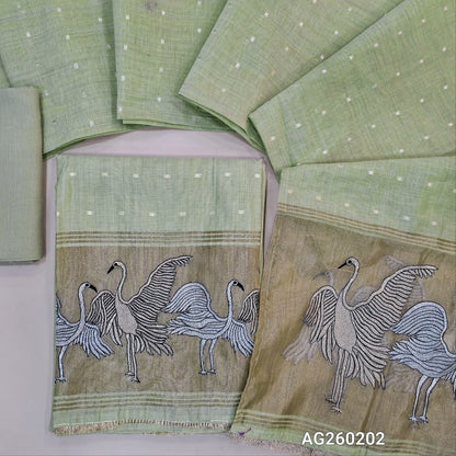 Light greyish beige premium silk cotton unstitched salwar material,buttas all over,silver& anti gold zari embroidery,tissue daman(lining needed)matching santoon bottom, soft silk cotton dupatta with silver gold tissue with zari work pallu. AG260202