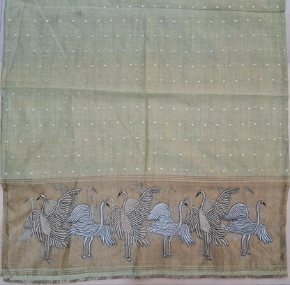 Light greyish beige premium silk cotton unstitched salwar material,buttas all over,silver& anti gold zari embroidery,tissue daman(lining needed)matching santoon bottom, soft silk cotton dupatta with silver gold tissue with zari work pallu. AG260202