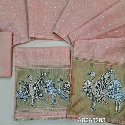 Peachish pink premium silk cotton unstitched salwar material,zari buttas all over,silver& anti gold zari embroidery,tissue work on daman(lining needed)matching santoon bottom, soft silk cotton dupatta with silver gold tissue with zari work pallu. AG260203