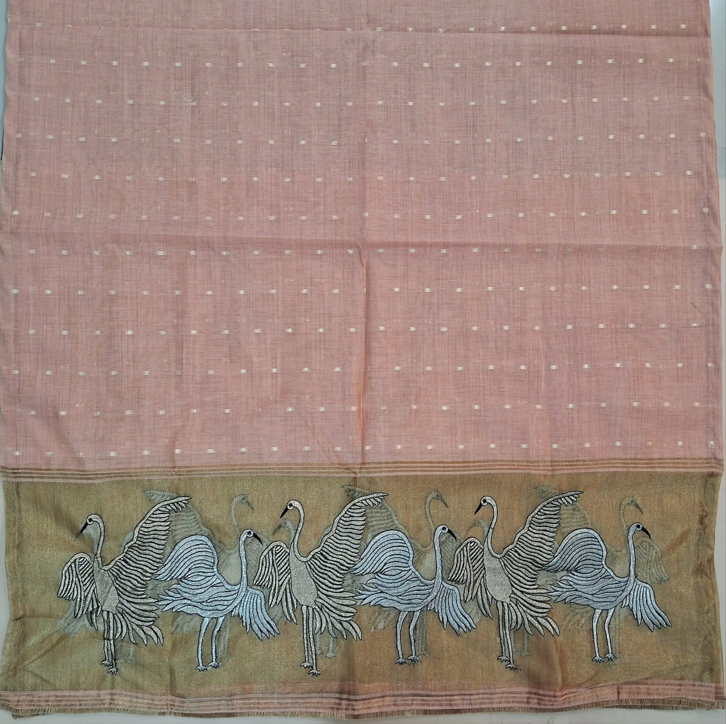 Peachish pink premium silk cotton unstitched salwar material,zari buttas all over,silver& anti gold zari embroidery,tissue work on daman(lining needed)matching santoon bottom, soft silk cotton dupatta with silver gold tissue with zari work pallu. AG260203