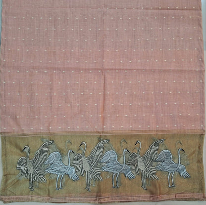 Peachish pink premium silk cotton unstitched salwar material,zari buttas all over,silver& anti gold zari embroidery,tissue work on daman(lining needed)matching santoon bottom, soft silk cotton dupatta with silver gold tissue with zari work pallu. AG260203