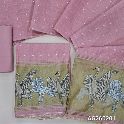 Pastel pink premium silk cotton unstitched salwar material,buttas all over,silver& anti gold zari embroidery,tissue daman(lining needed)matching santoon bottom, soft silk cotton dupatta with silver gold tissue with zari work pallu. AG260201