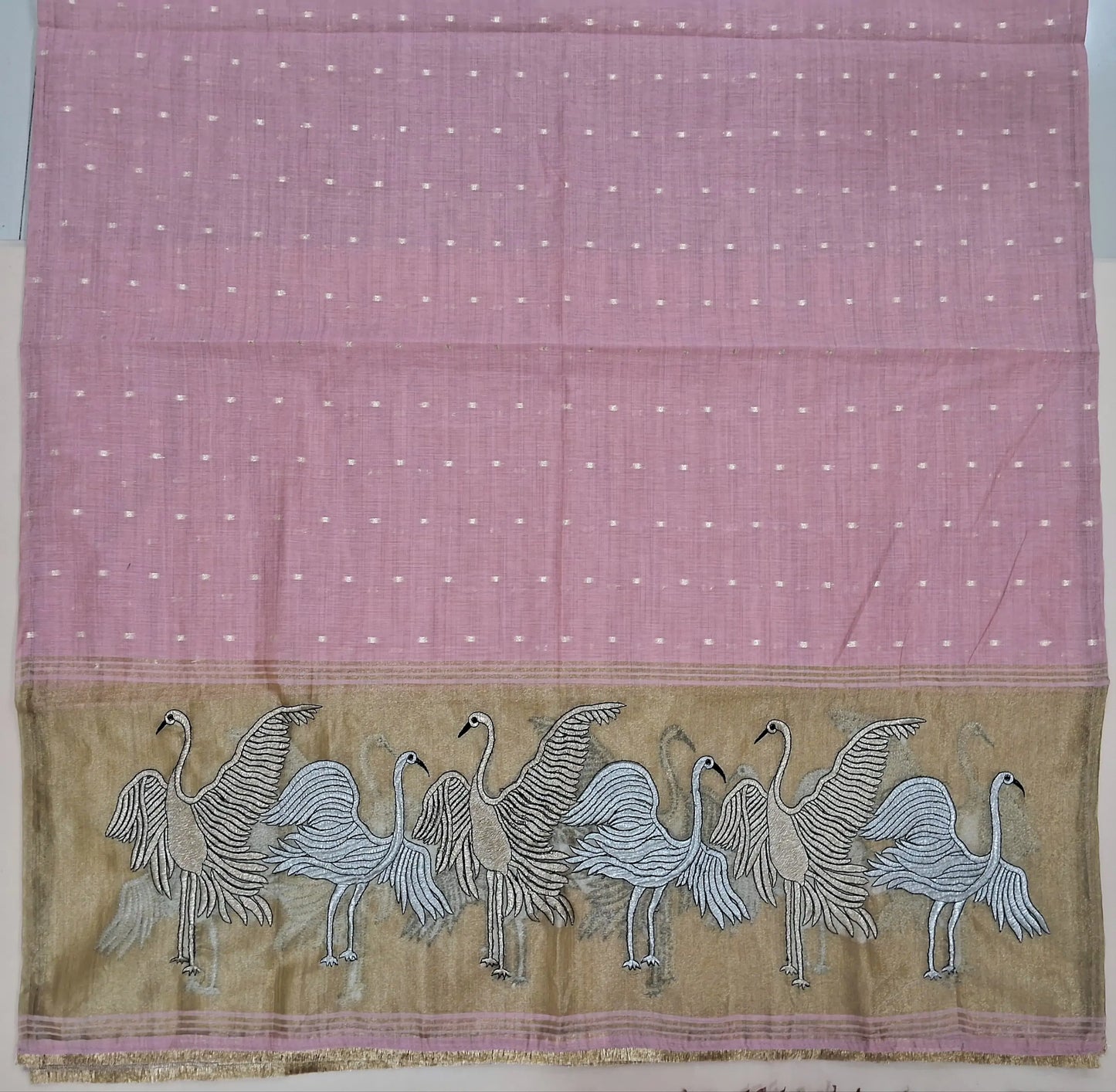 Pastel pink premium silk cotton unstitched salwar material,buttas all over,silver& anti gold zari embroidery,tissue daman(lining needed)matching santoon bottom, soft silk cotton dupatta with silver gold tissue with zari work pallu. AG260201