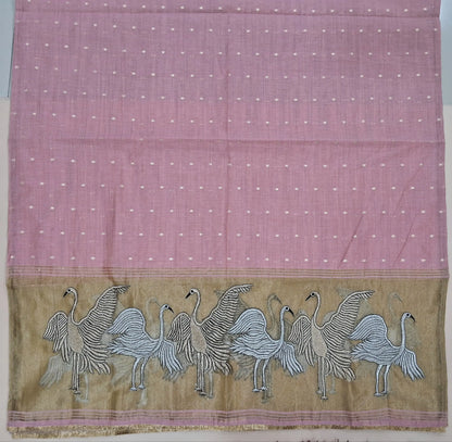 Pastel pink premium silk cotton unstitched salwar material,buttas all over,silver& anti gold zari embroidery,tissue daman(lining needed)matching santoon bottom, soft silk cotton dupatta with silver gold tissue with zari work pallu. AG260201
