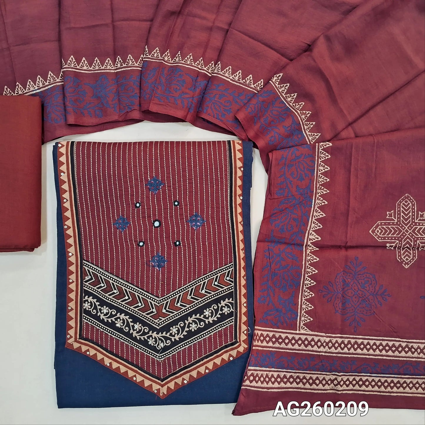 Dark blue premium dabu cotton unstitched salwar material,contrast ajrak yoke patch with hand embroidery and kantha stitch(soft,lining optional)maroon cotton bottom, block printed mul cotton dupatta. AG260209