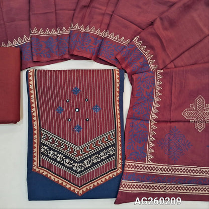 Dark blue premium dabu cotton unstitched salwar material,contrast ajrak yoke patch with hand embroidery and kantha stitch(soft,lining optional)maroon cotton bottom, block printed mul cotton dupatta. AG260209