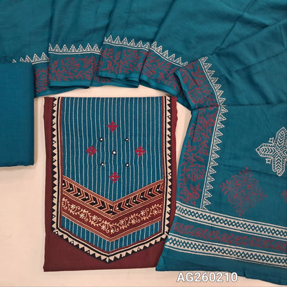Dark maroon premium dabu cotton unstitched salwar material,contrast ajrak yoke patch with hand embroidery and kantha stitch(soft,lining optional)teal blue cotton bottom, block printed mul cotton dupatta. AG260210