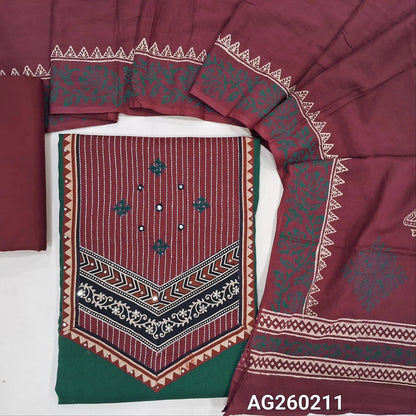 Dark green premium dabu cotton unstitched salwar material,contrast ajrak yoke patch with hand embroidery and kantha stitch(soft,lining optional)maroon cotton bottom, block printed mul cotton dupatta. AG260211