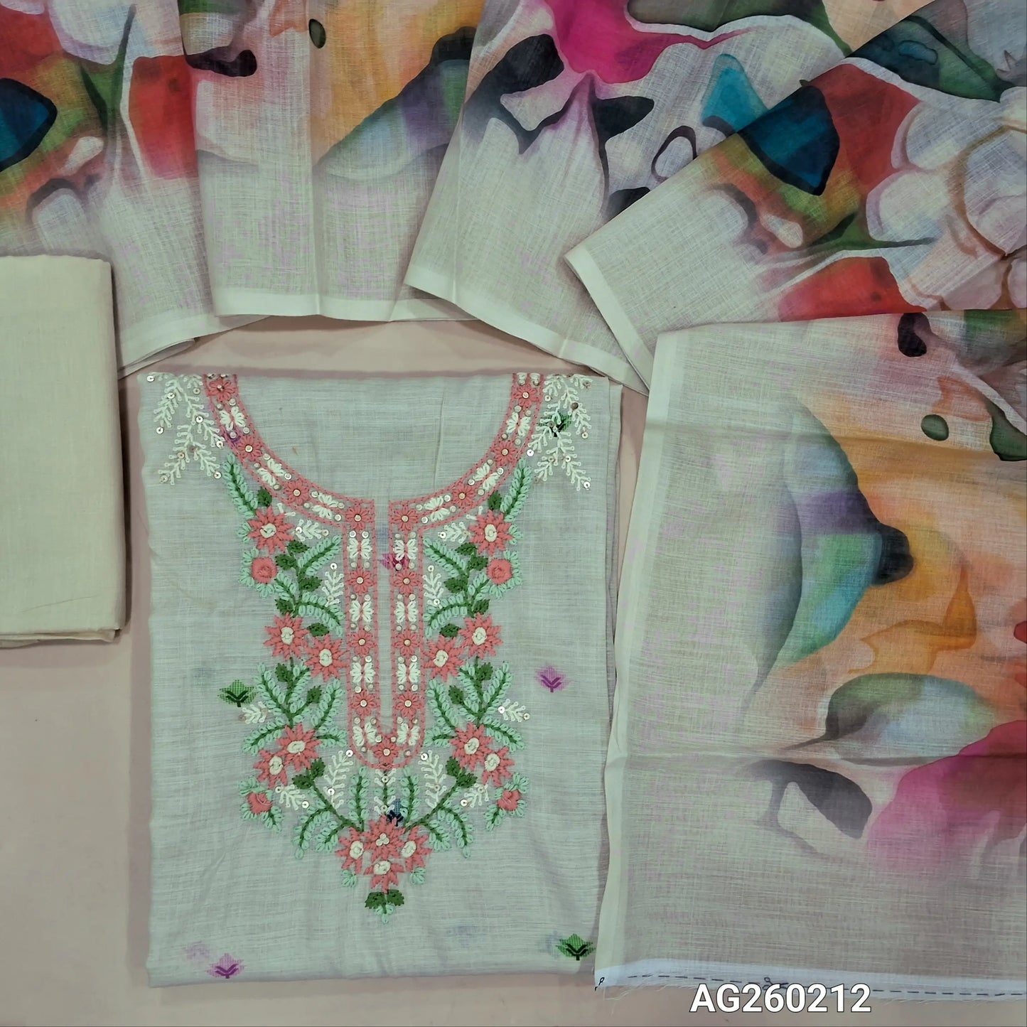 Light beige designer premium silk cotton unstitched salwar material, peachish pink floral embroidered on yoke(thin fabric, lining needed)matching drum dyed lining provided, NO BOTTOM, abstract printed semi linen dupatta. AG260212