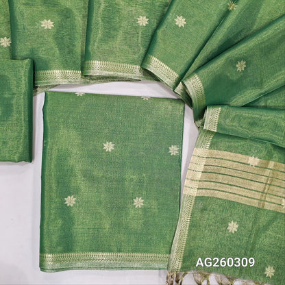 Leafy green with golden tint tissue silk cotton unstitched salwar material, zari buttas all over, zari daman borders, (silky, lining needed)tissue silk cotton bottom, zari buttas on tissue silk cotton dupatta with zari borders. AG260309