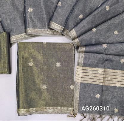 Olive green with golden tint tissue silk cotton unstitched salwar material, zari buttas all over, zari daman borders, (silky, lining needed)tissue silk cotton bottom, zari buttas on tissue silk cotton dupatta with zari borders. AG260310
