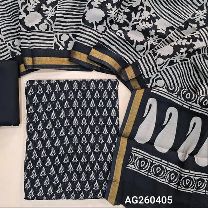 Black silk cotton unstitched salwar material,digital printed all over,(lining needed)cotton bottom,printed full length soft silk cotton dupatta with tissue borders(TAPPING NEEDED). AG260405