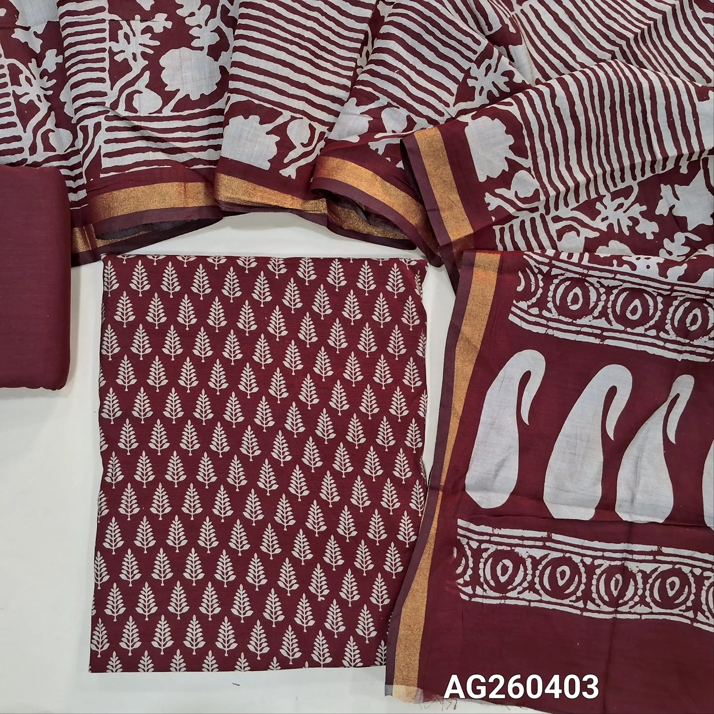 Maroon silk cotton unstitched salwar material,digital printed all over,(lining needed)cotton bottom,printed full length soft silk cotton dupatta with tissue borders(TAPPING NEEDED). AG260403