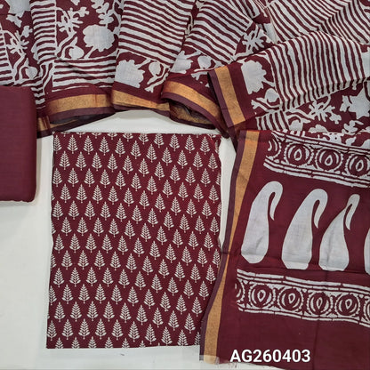 Maroon silk cotton unstitched salwar material,digital printed all over,(lining needed)cotton bottom,printed full length soft silk cotton dupatta with tissue borders(TAPPING NEEDED). AG260403