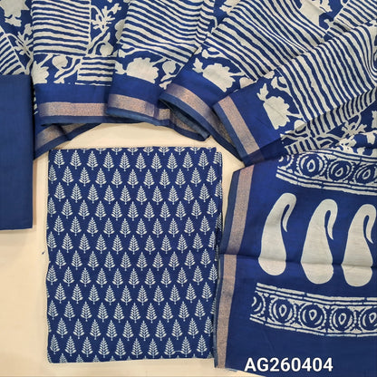 Royal blue silk cotton unstitched salwar material,digital printed all over,(lining needed)cotton bottom,printed full length soft silk cotton dupatta with tissue borders(TAPPING NEEDED). AG260404