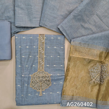 Powder blue premium silk cotton unstitched salwar material,seqins and zari work on yoke, zari buttas all over,rich daman,(lining needed) spun cotton bottom, designer premium silk cotton dupatta with rich pallu. AG260401