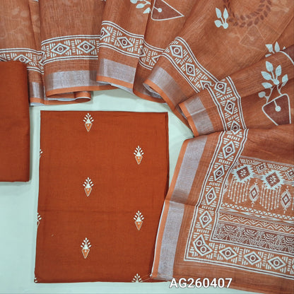Brick red pure cotton unstitched salwar material,embroidery on front,(lining optional) cotton bottom, printed on semi linen dupatta with silver tissue borders. AG260407