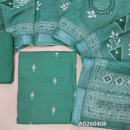 Sage green pure cotton unstitched salwar material,embroidery on front,(lining optional) cotton bottom, printed on semi linen dupatta with silver tissue borders. AG260408
