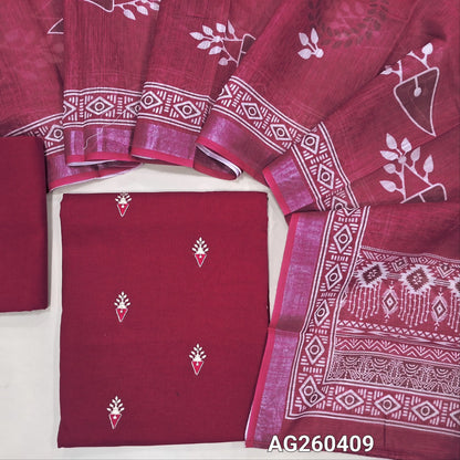 Dark pink pure cotton unstitched salwar material,embroidery on front,(lining optional) cotton bottom, printed on semi linen dupatta with silver tissue borders. AG260409